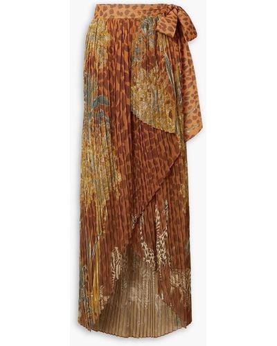 PATBO Margot Pleated Printed Crepe De Chine Maxi Wrap Skirt - Brown