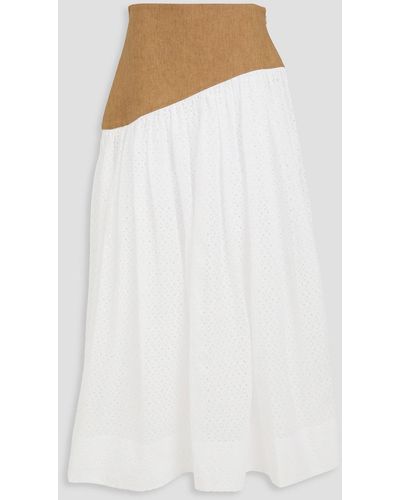 Tory Burch Linen-paneled Broderie Anglaise Cotton Midi Skirt - White