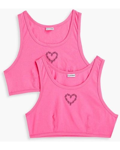 Ganni Set Of Two Embroidered Stretch-cotton Jersey Bralettes - Pink