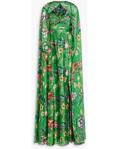 Marchesa Cape-effect Floral-print Charmeuse Gown - Green