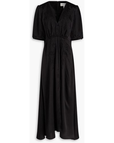 Saloni Lea Embroidered Hammered Silk-satin Midi Dress - Black