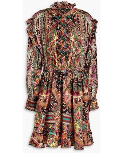 Etro Ruffled Printed Wool And Silk-blend Twill Mini Dress - Brown