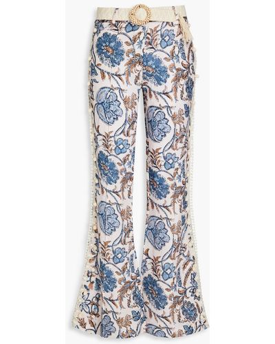 Zimmermann Belted Crochet-trimmed Floral-print Linen Flared Pants - Blue
