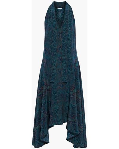 Joie Breeda Asymmetric Tie-neck Snake-print Silk Crepe De Chine Midi Dress - Blue