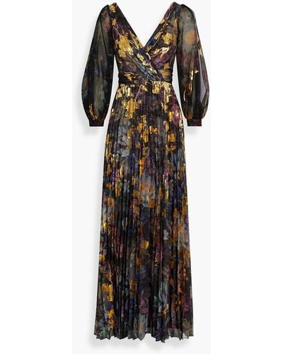 Marchesa Robe aus metallic-chiffon mit floralem print - Schwarz