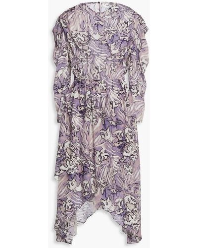 IRO Asymmetric Gathered Printed Silk Crepe De Chine Midi Dress - Purple
