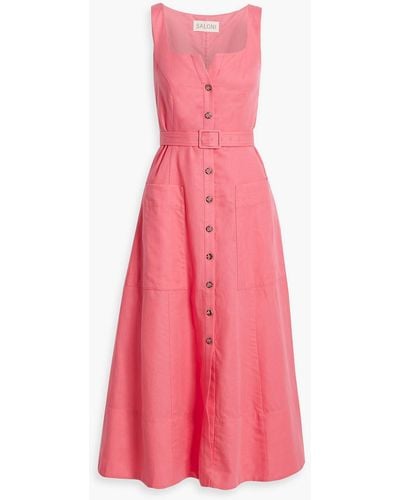 Saloni Bibba Belted Cotton And Linen-blend Midi Dress - Pink