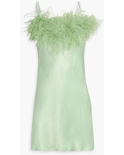 Sleeper Boheme Feather-trimmed Satin Mini Slip Dress - Green