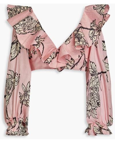 LEO LIN Cropped Slub Linen And Silk-blend Top - Pink