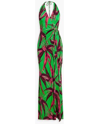 Louisa Ballou Floral-print Stretch-jersey Halterneck Maxi Wrap Dress - Green