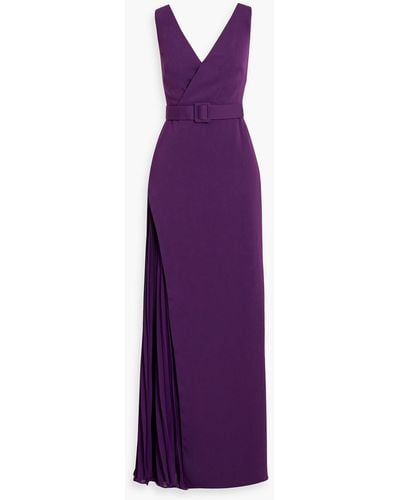 Badgley Mischka Wrap-effect Plissé-paneled Crepe Gown - Purple