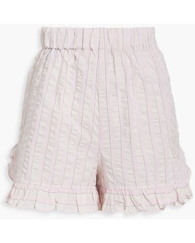 Ganni Cherry Blossom Ruffled Striped Organic Cotton-seersucker Pajama Shorts - Pink