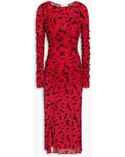 Diane von Furstenberg Corrine Ruched Printed Stretch-mesh Midi Dress - Red