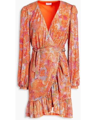 ONE33 SOCIAL Sequined Printed Tulle Mini Wrap Dress - Orange