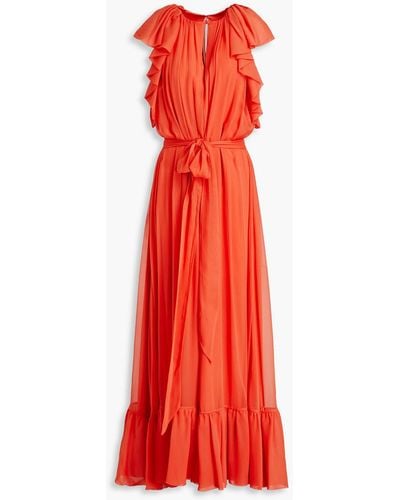 Monique Lhuillier Belted Ruffled Silk-georgette Maxi Dress - Red