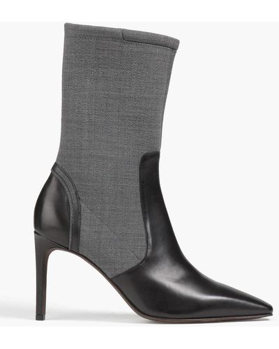 Brunello Cucinelli Bead-embellished Leather And Stretch-knit Ankle Boots - Grey