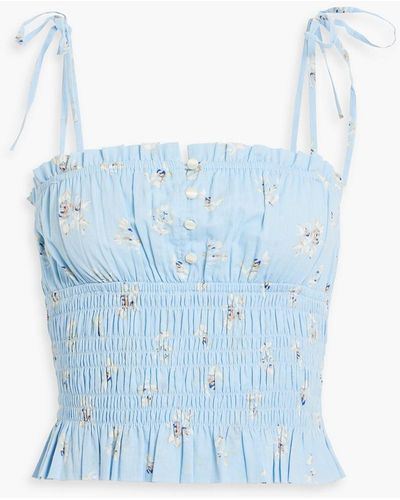 Joie Cameo Cropped Shirred Floral-print Cotton-gauze Top - Blue