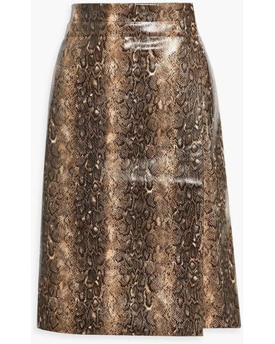 Ganni Snake-Print Faux Leather Wrap Midi Skirt - Brown