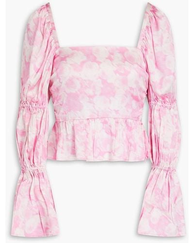 Ganni Floral-print Stretch-silk Sati Top - Pink