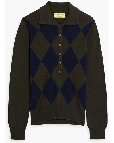 James Purdey & Sons Argyle Cashmere Polo Sweater - Black