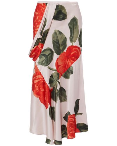 Simone Rocha Draped Floral-print Silk-satin Midi Skirt - Pink