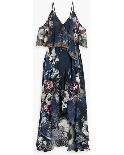 Camilla Asymmetric Embellished Silk Crepe De Chine Maxi Wrap Dress - Blue