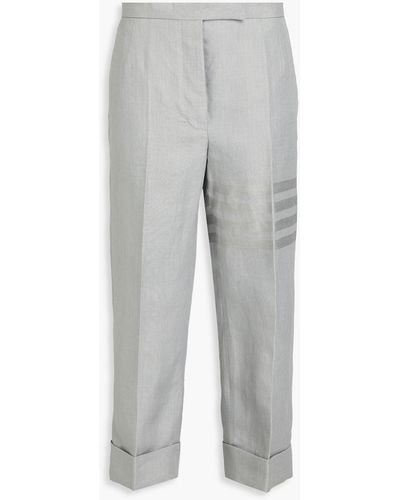 Thom Browne Cropped Striped Linen Tapered Pants - Grey