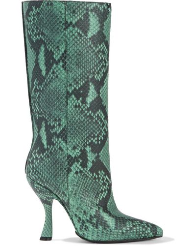 Dries Van Noten Snake-effect Leather Boots - Green