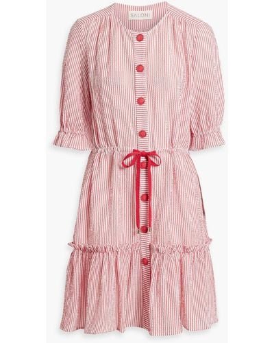 Saloni Billie Ruffled Striped Cotton-blend Seersucker Mini Dress - Pink