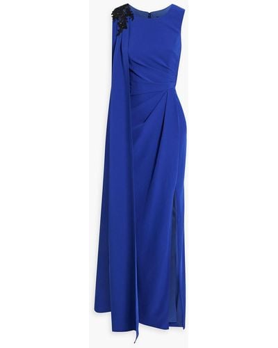 Marchesa Appliquéd Draped Crepe Gown - Blue