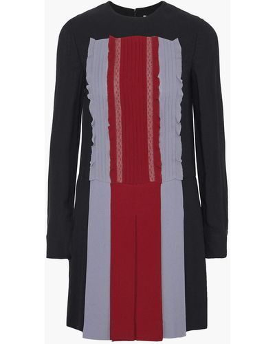 Valentino Garavani Lace-trimmed Pleated Color-block Silk-crepe Mini Dress - Black