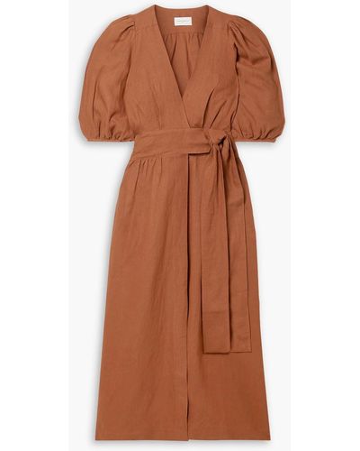Three Graces London Fiona Linen Wrap Midi Dress - Brown