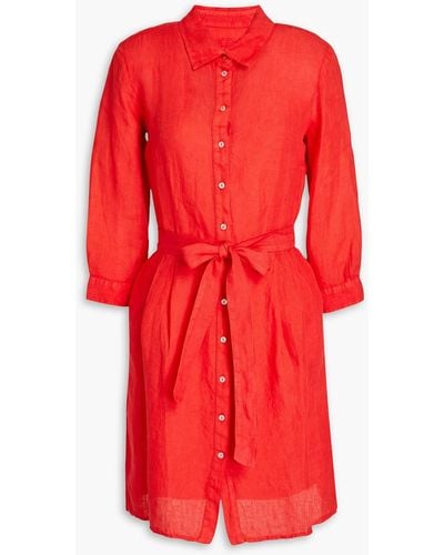 120% Lino Pleated Linen Mini Shirt Dress - Red