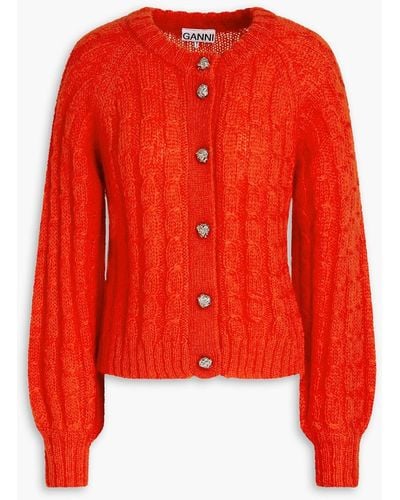Ganni Cable-knit Mohair-blend Cardigan - Red