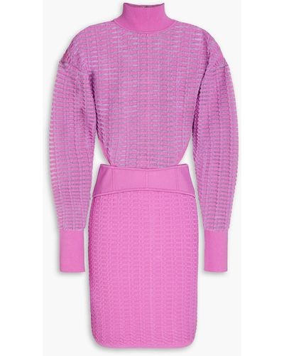 Hervé Léger Ribbed-paneled Cutout Textured-knit Mini Dress - Pink