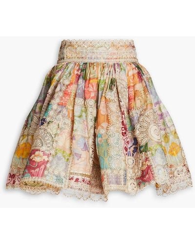 Zimmermann Gathered Printed Linen And Silk-blend Gauze Mini Skirt - White