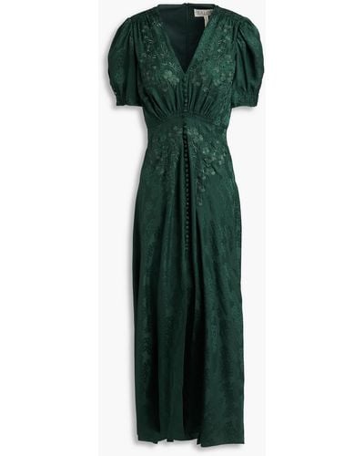 Saloni Lea Embroidered Floral-jacquard Silk Maxi Dress - Green