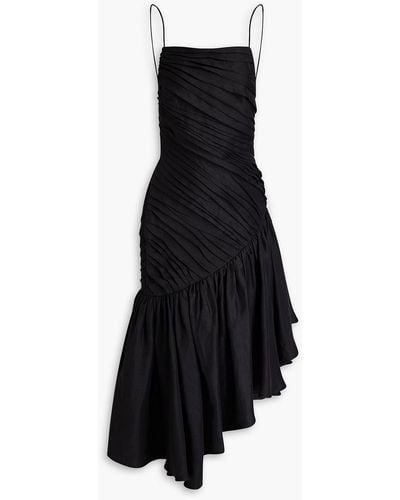 Rasario Asymmetric Pleated Linen-blend Midi Dress - Black