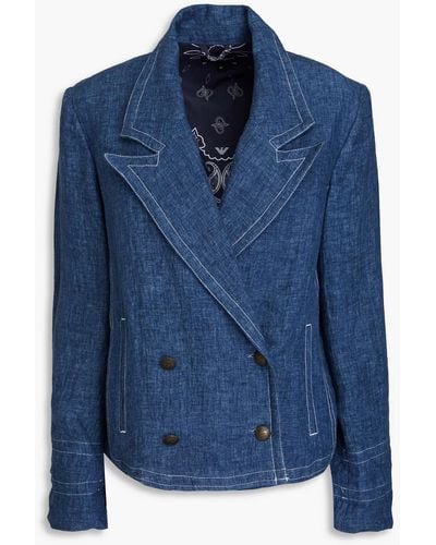 Emporio Armani Double-breasted Linen And Cotton-blend Chambray Blazer - Blue