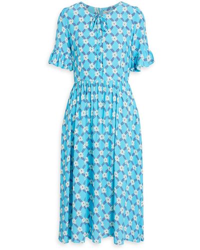 HVN Willow Gathered Printed Crepe Dress - Blue