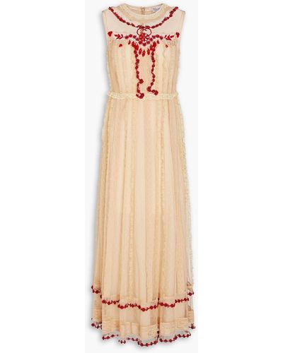 RED Valentino Embellished Lace-trimmed Point D'espirit Midi Dress - Natural