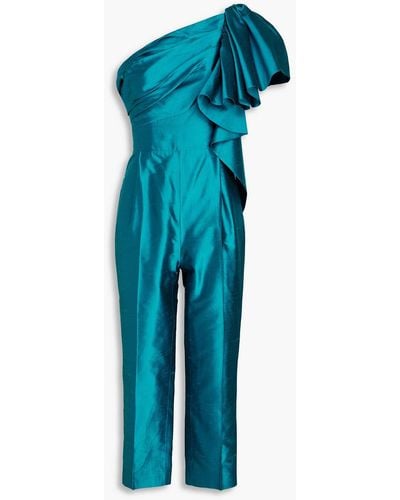 Rasario One-shoulder Ruffled Silk Dupioni Jumpsuit - Blue