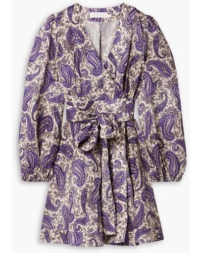 Zimmermann Devi Paisley-print Linen Mini Wrap Dress - Purple