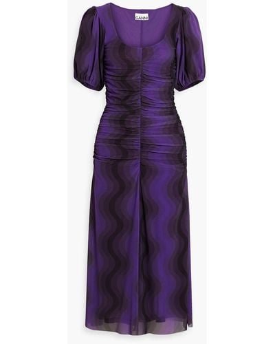 Ganni Ruched Printed Stretch-mesh Midi Dress - Purple