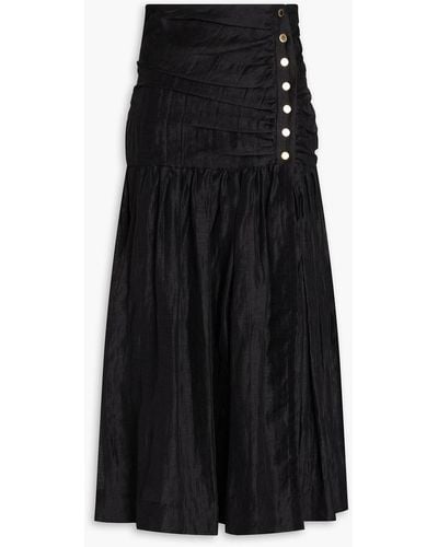 Sandro Ruched Linen-blend Gauze Midi Skirt - Black