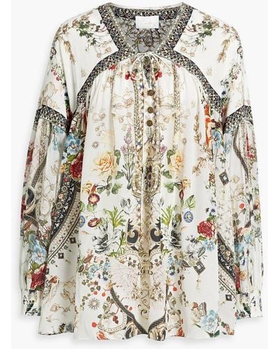 Camilla Bedruckte bluse aus crêpe de chine aus seide mit verzierung - Weiß