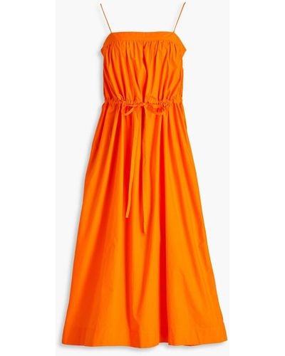 Ganni Gathered Cotton-poplin Midi Dress - Orange