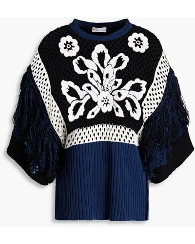 RED Valentino Embroidered Ribbed And Open-knit Cotton Top - Blue