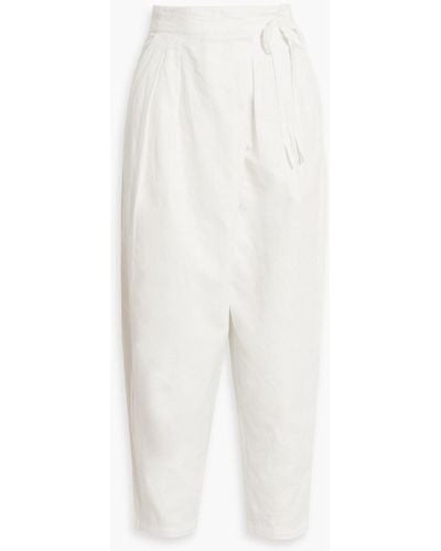 Joie Wilmont Cropped Pleated Cotton And Linen-blend Tapered Trousers - White