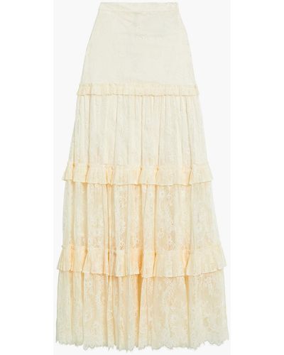 Alexis Tiered Pleated Chantilly Lace Maxi Skirt - White